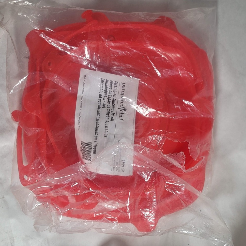 Pampered Chef Stretch-Fit Silicone Lid Set Red Reusable Round Covers Kitchen
